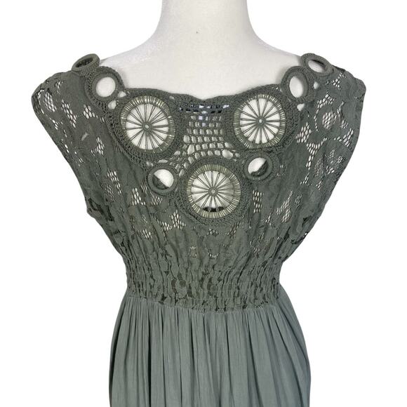 Tempo Paris Lace Crochet Fit & Flare Midi Dress Green Sz M/L Boho Romantic Chic - Picture 6 of 12